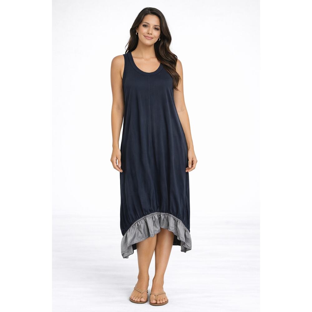 CLU Sleeveless Oversized Midi Dress Womens XS Navy Blue Grey Shift Scoop Neck